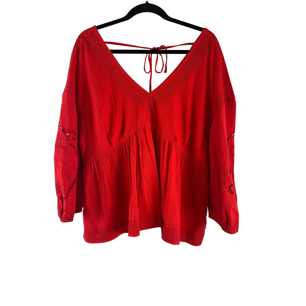 Time and Tru Red Boho Embroidered Eyelet Peplum Blouse V-Neck NWOT Womens XL